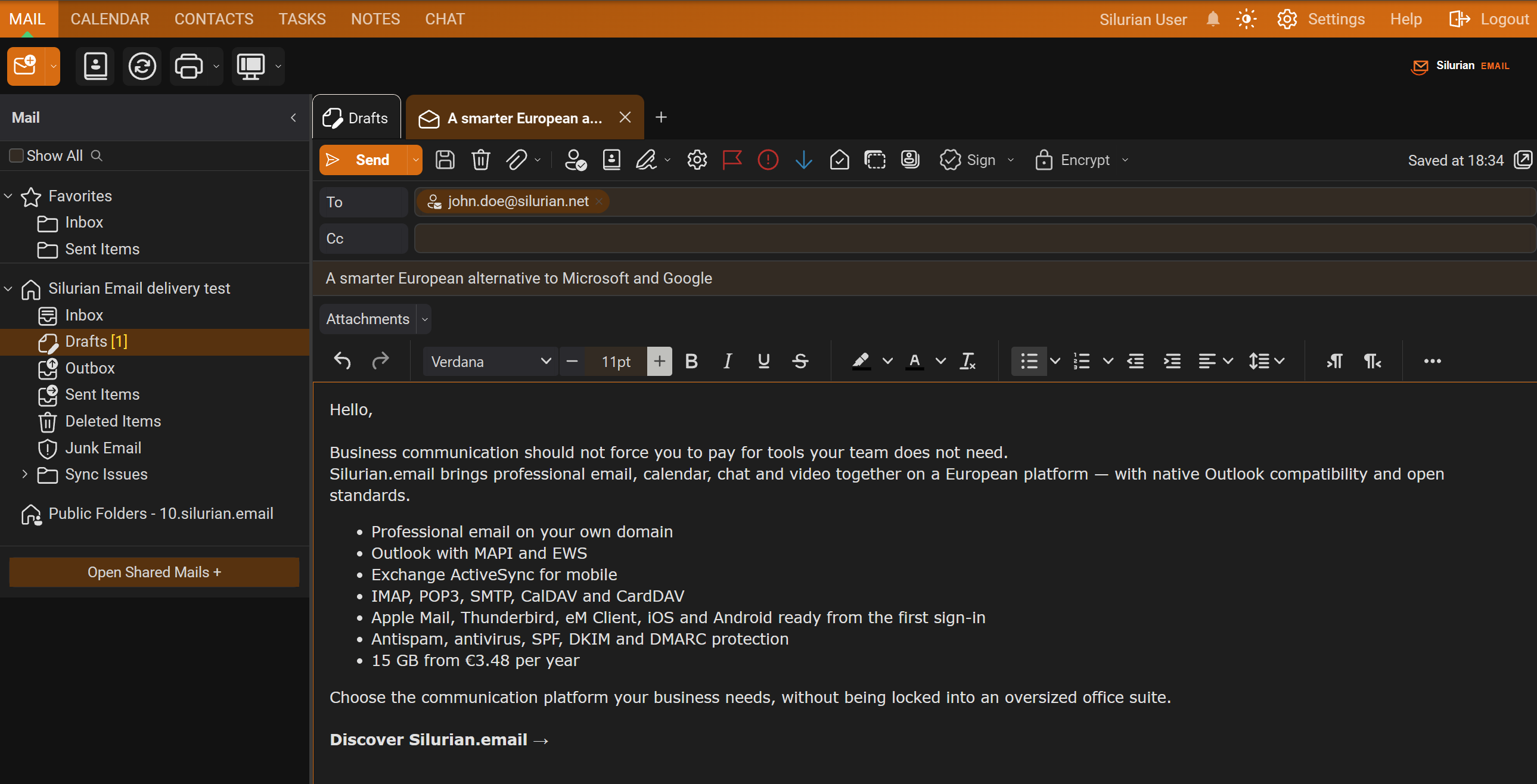 Silurian.email webmail composing a promotional message